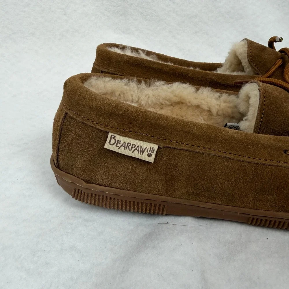 Bearpaw Suede Moccasin Slippers Mens 12 Brown Faux Fur Lined Cabin Cozy Shoes